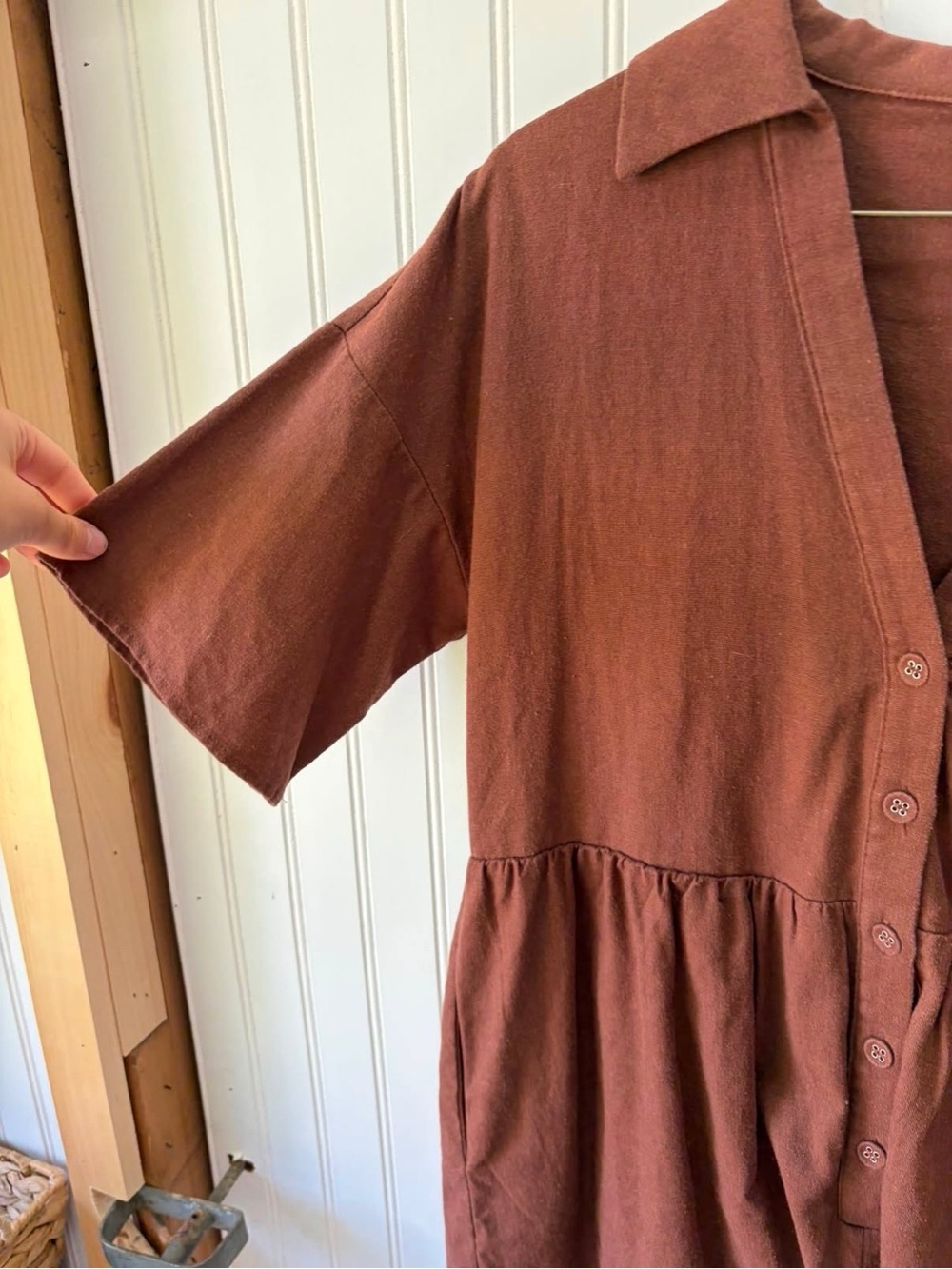 Vestique dark Brown loose fit oversized Button-Front Henley Short Sleeve romper - Picture 4 of 5